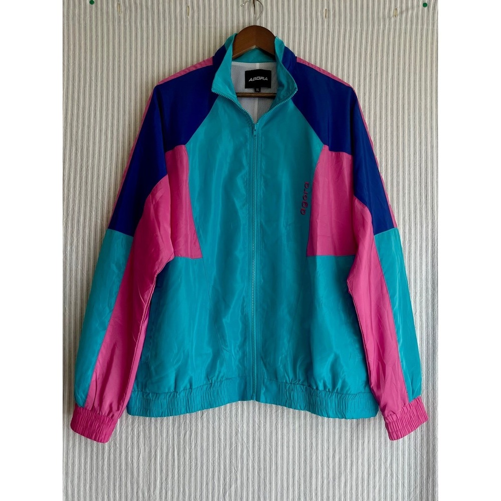 Agora Colorblock Windbreaker Jacket Teal Pink Blue Retro 90s Style XL Mesh Lined